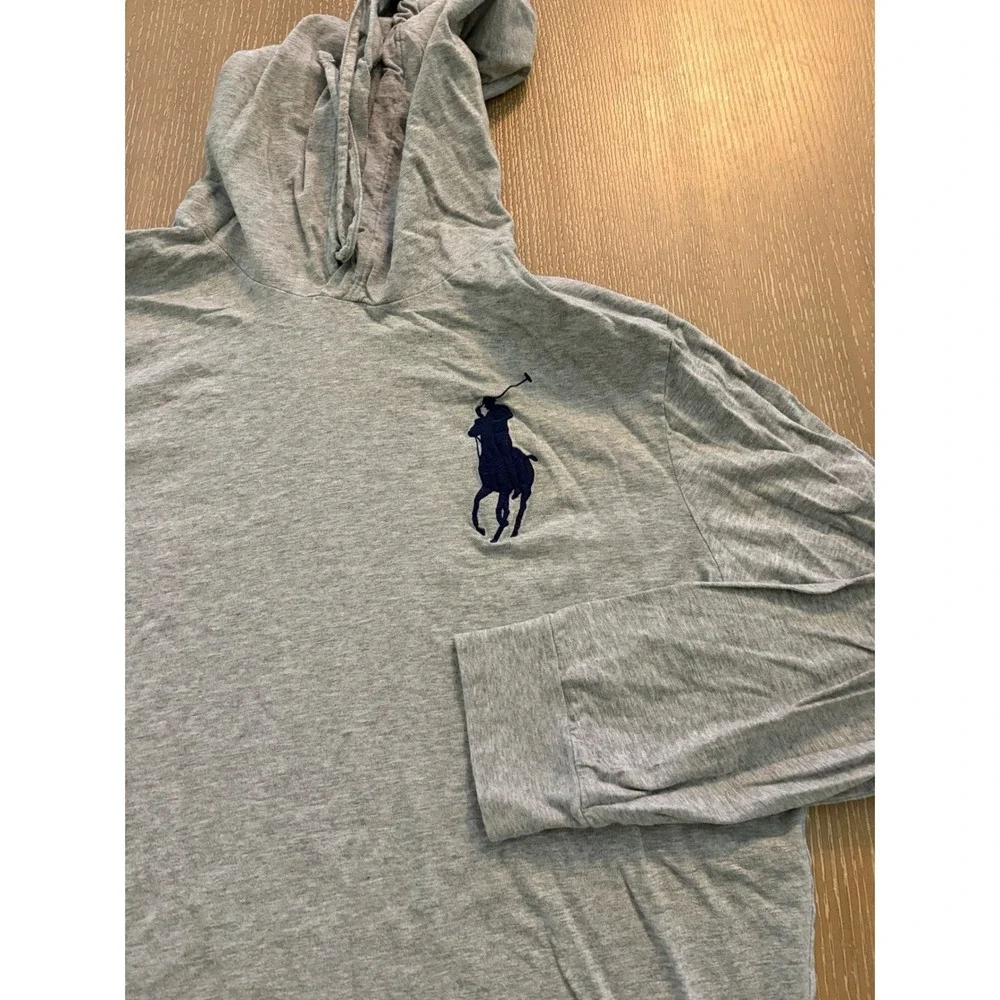 Polo Ralph Lauren Men's XL Gray Big Pony Hooded Long Sleeve T-Shirt Logo Sleeve
